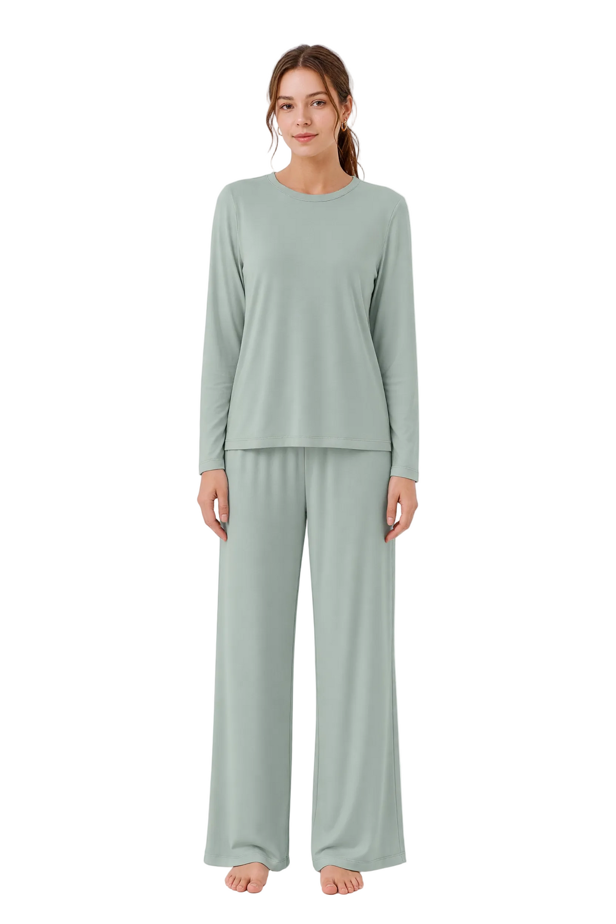 A woman modeling a matching two-piece loungewear set in a muted sage green color, consisting of a long-sleeve crewneck top and wide-leg pants, against a plain white studio background.